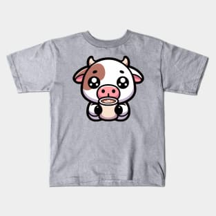 Kawaii Cow Drinking Coffee Kids T-Shirt